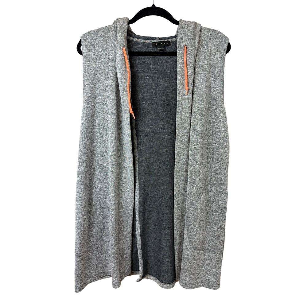 Tribal Grey Hooded Layered Open Front Pocket Vest Size M
